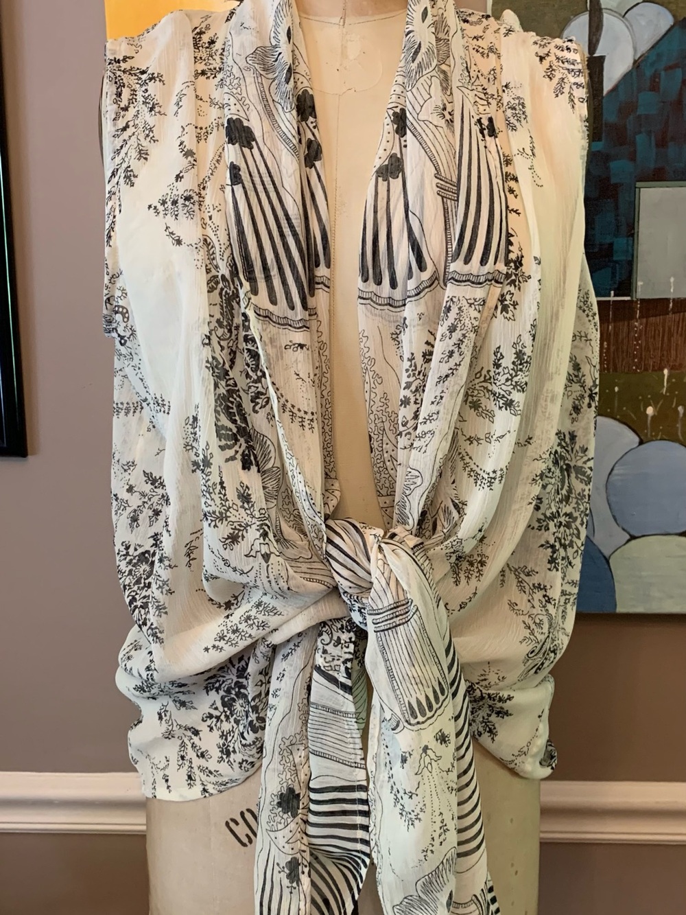 Coldwater Creek Artsy Floral Duster Vest Semi-Sheer Ivory Black OS